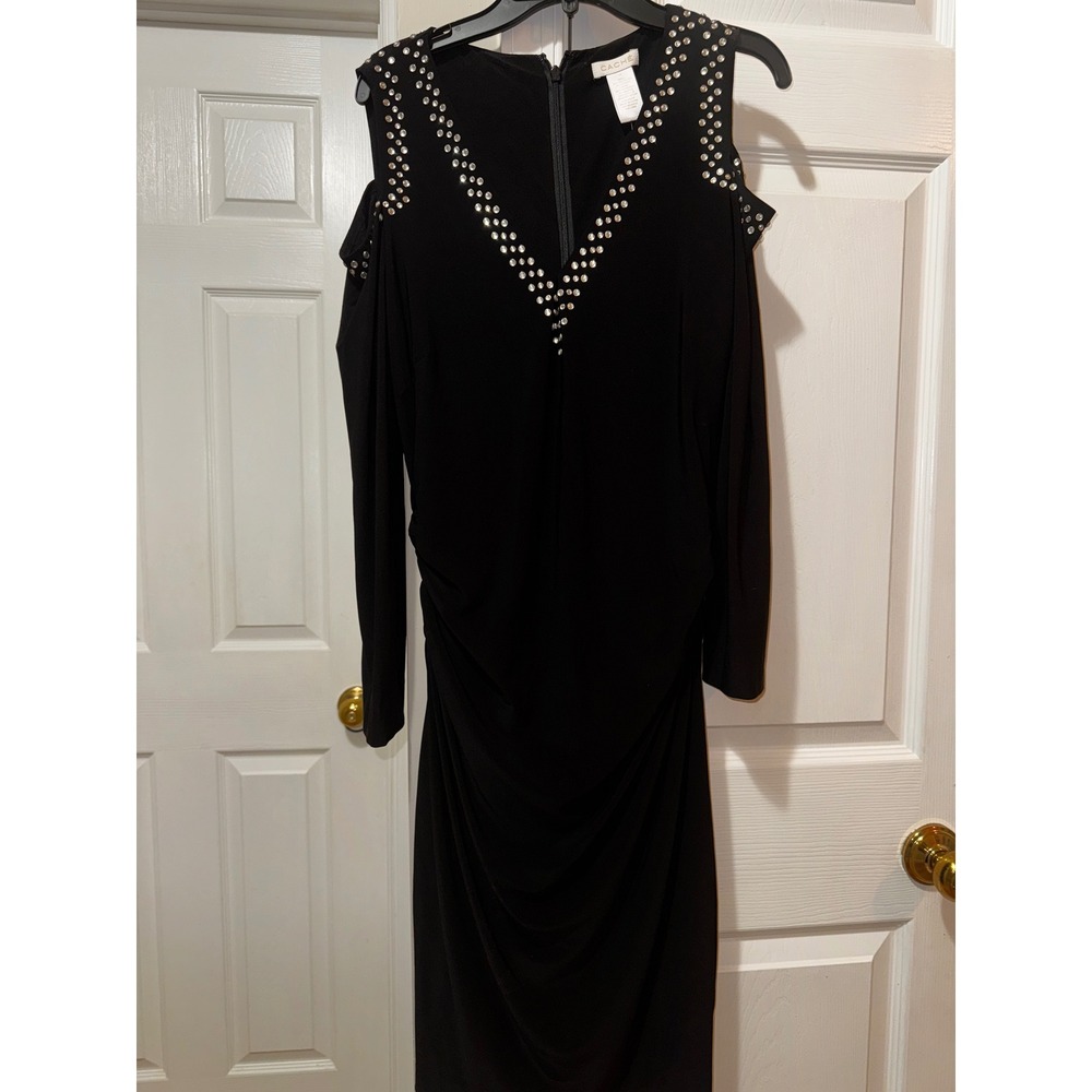Cache Black Rhinestone Cold Shoulder Ruched Long Sleeve Cocktail Dress - Picture 4 of 11